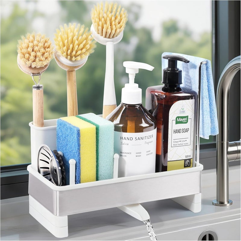 Ouletoy Stainless Steel Sponge Holder for Kitchen Sink Caddy Organizer Rack for Dish Brush Holder, Soap Dispenser and Wash Cloth with Rustproof Auto Drain Tray for Bathroom Countertop Storage (White) - Image 1