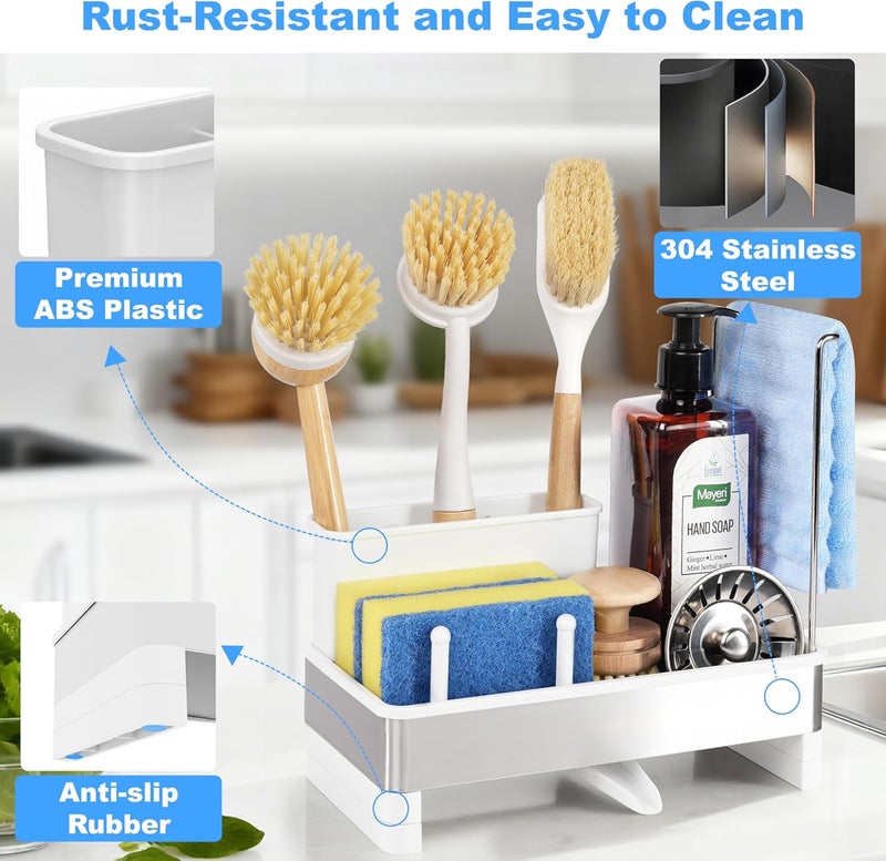 Ouletoy Stainless Steel Sponge Holder for Kitchen Sink Caddy Organizer Rack for Dish Brush Holder, Soap Dispenser and Wash Cloth with Rustproof Auto Drain Tray for Bathroom Countertop Storage (White) - Image 4