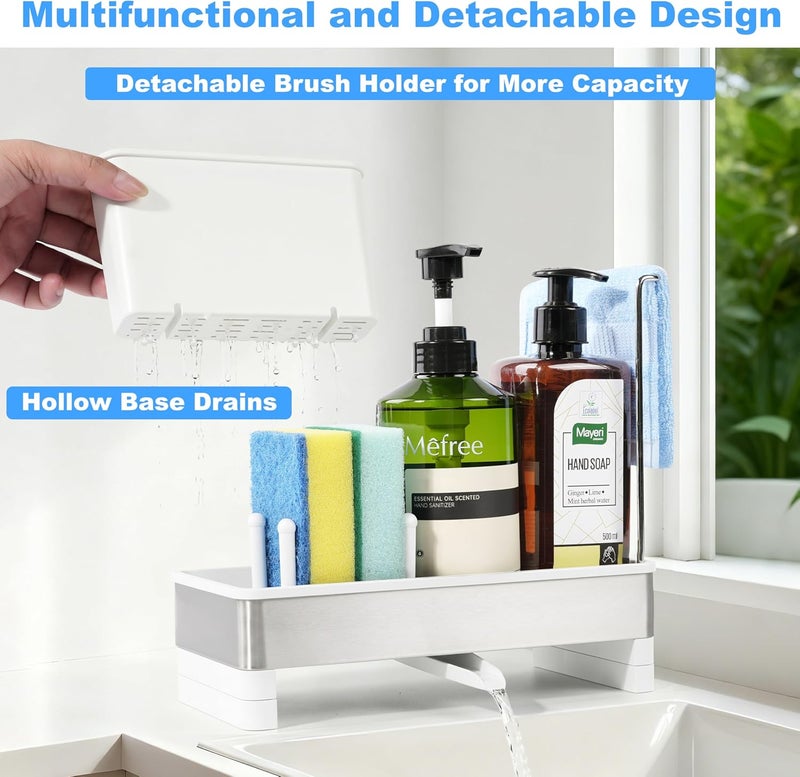 Ouletoy Stainless Steel Sponge Holder for Kitchen Sink Caddy Organizer Rack for Dish Brush Holder, Soap Dispenser and Wash Cloth with Rustproof Auto Drain Tray for Bathroom Countertop Storage (White) - Image 5