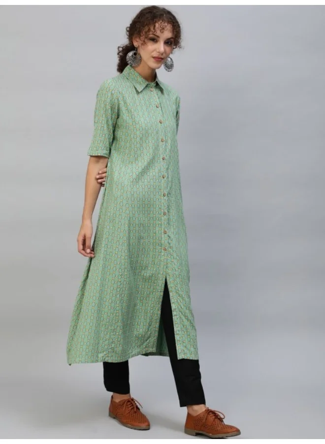 AKS Green & Yellow Printed Button Down A-Line Kurta