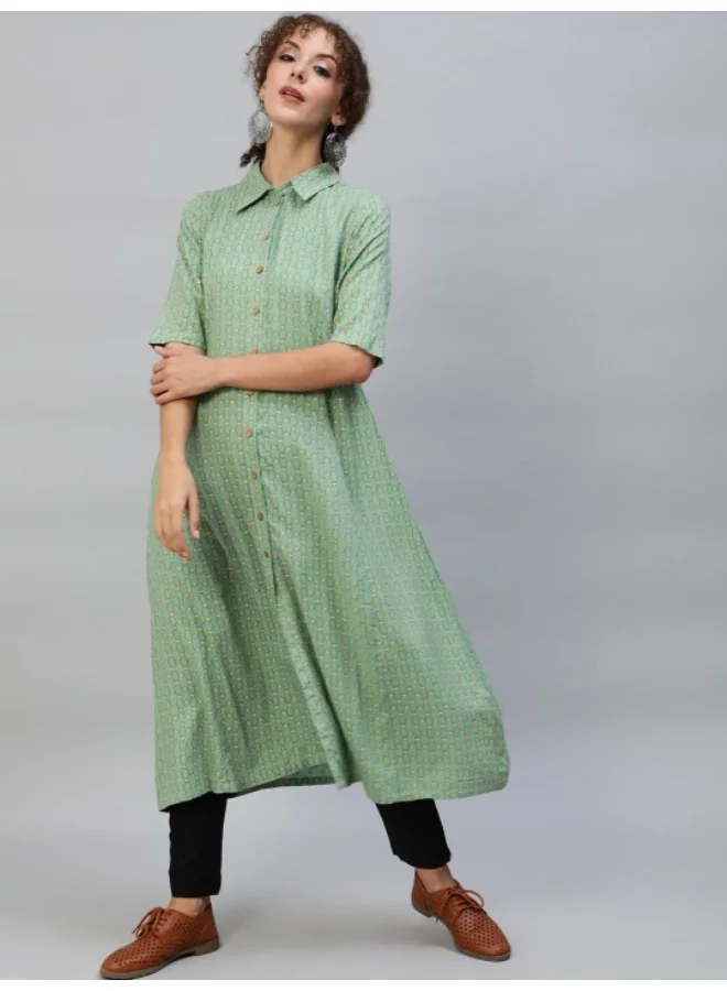 AKS Green & Yellow Printed Button Down A-Line Kurta