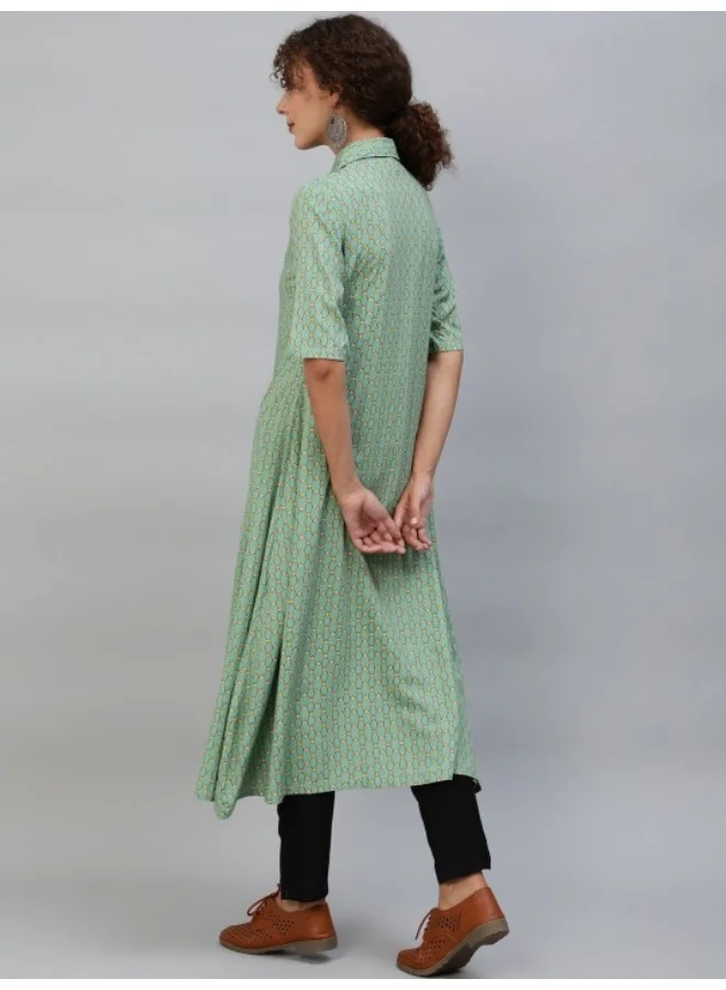 AKS Green & Yellow Printed Button Down A-Line Kurta
