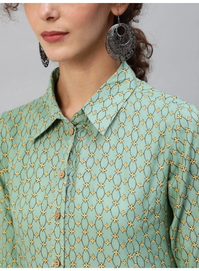 AKS Green & Yellow Printed Button Down A-Line Kurta