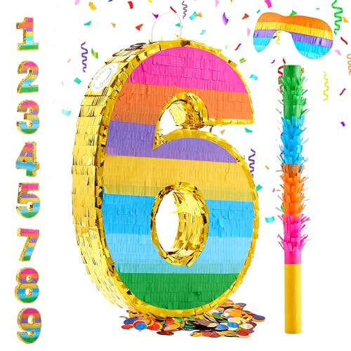 MUWOOB Rainbow Number 6 Pinata for 6th Birthday Party Decorations Fiesta Kids Anniversary Celebration Birthday Pinata with Stick Blindfold and Confetti Small 165 x 115 x 3 In - Image 1