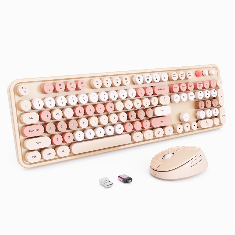 Nowlike Wireless Keyboard and Mouse, Full-Size Typewriter Keyboard with Retro Round Keycaps, Ergonomic Design, Compatible with Windows PCs, Ideal for Home and Office. (Milk Tea) - Image 1
