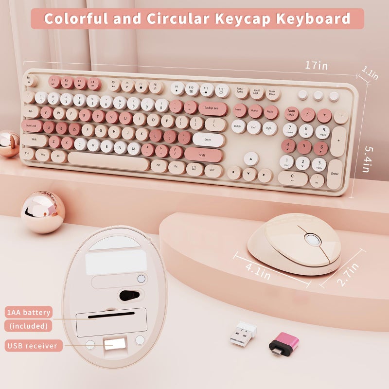 Nowlike Wireless Keyboard and Mouse, Full-Size Typewriter Keyboard with Retro Round Keycaps, Ergonomic Design, Compatible with Windows PCs, Ideal for Home and Office. (Milk Tea) - Image 3
