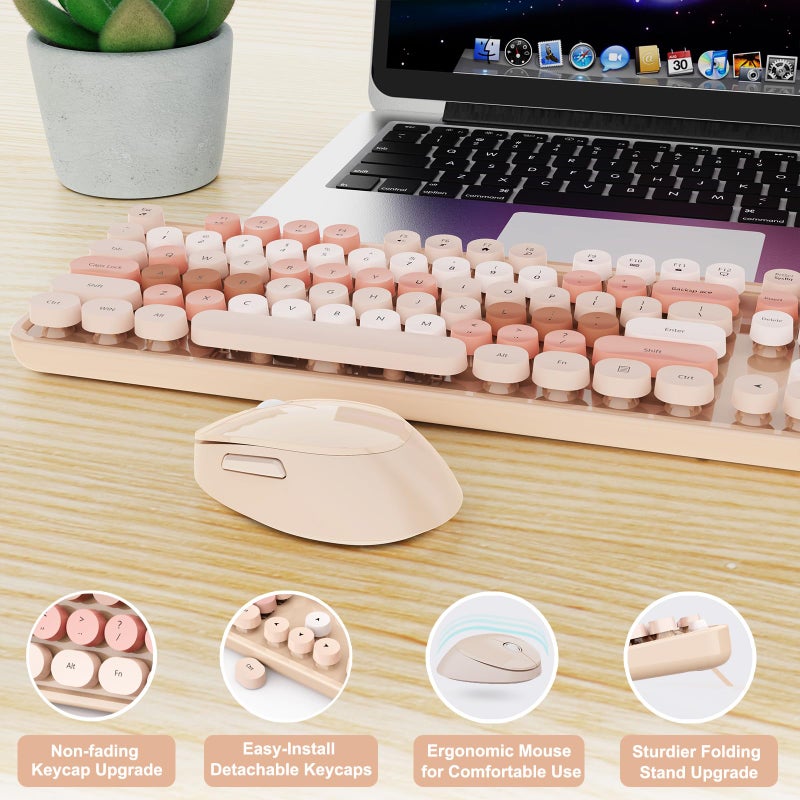 Nowlike Wireless Keyboard and Mouse, Full-Size Typewriter Keyboard with Retro Round Keycaps, Ergonomic Design, Compatible with Windows PCs, Ideal for Home and Office. (Milk Tea) - Image 5