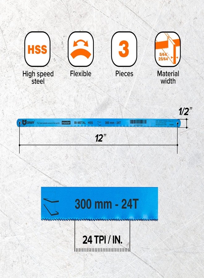 GRAFF Bi-Metal Molybdenum Hacksaw Blades 12 Inch for Metal and Steel Cutting 24 tpi - Handsaw Blades Replacement HSS - Image 3