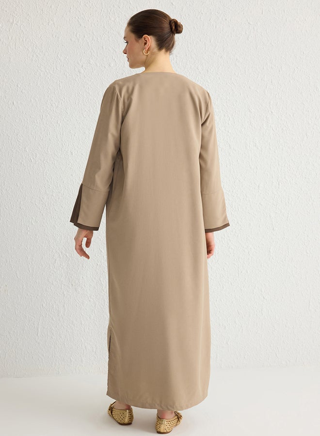 trendyol Beige Brown Color Block Long Aerobin Woven Cape & Abaya TCTSS24KF00011  - Image 5