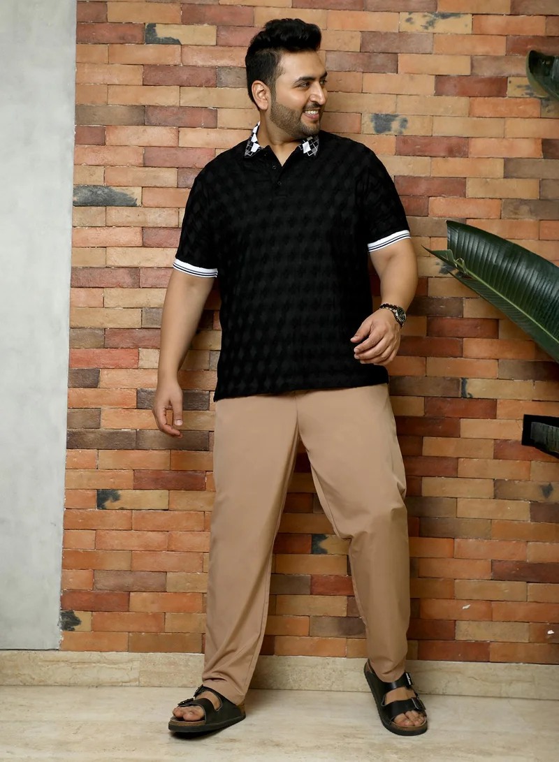 Instafab Plus Instafab Plus Men's Black Block Argyle-Knit Polo T-Shirt | Jacquard Polo Neck , Short Sleeves , Button Closure , Straight Hemline | Colourblock Textured Polyester Blend For Office & Casual Wear