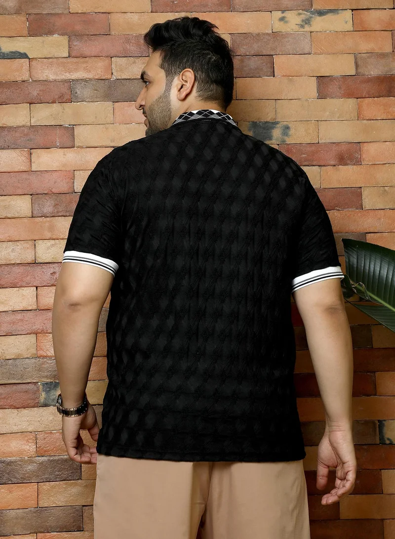 Instafab Plus Instafab Plus Men's Black Block Argyle-Knit Polo T-Shirt | Jacquard Polo Neck , Short Sleeves , Button Closure , Straight Hemline | Colourblock Textured Polyester Blend For Office & Casual Wear