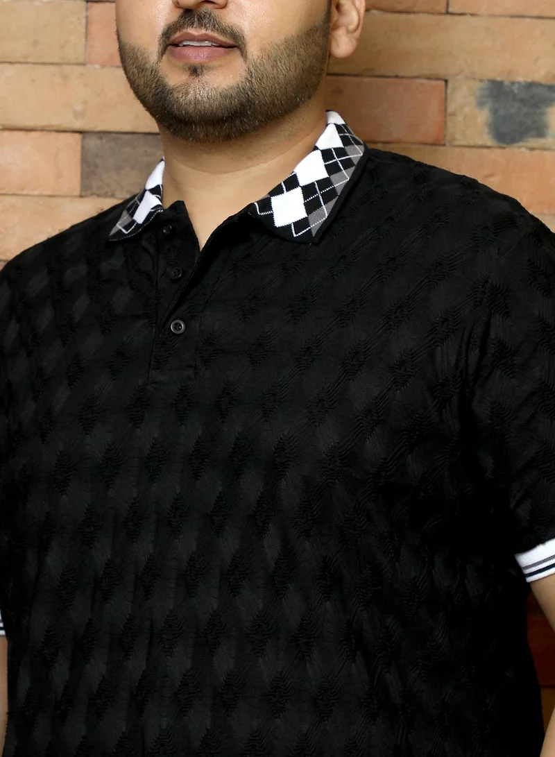 Instafab Plus Instafab Plus Men's Black Block Argyle-Knit Polo T-Shirt | Jacquard Polo Neck , Short Sleeves , Button Closure , Straight Hemline | Colourblock Textured Polyester Blend For Office & Casual Wear