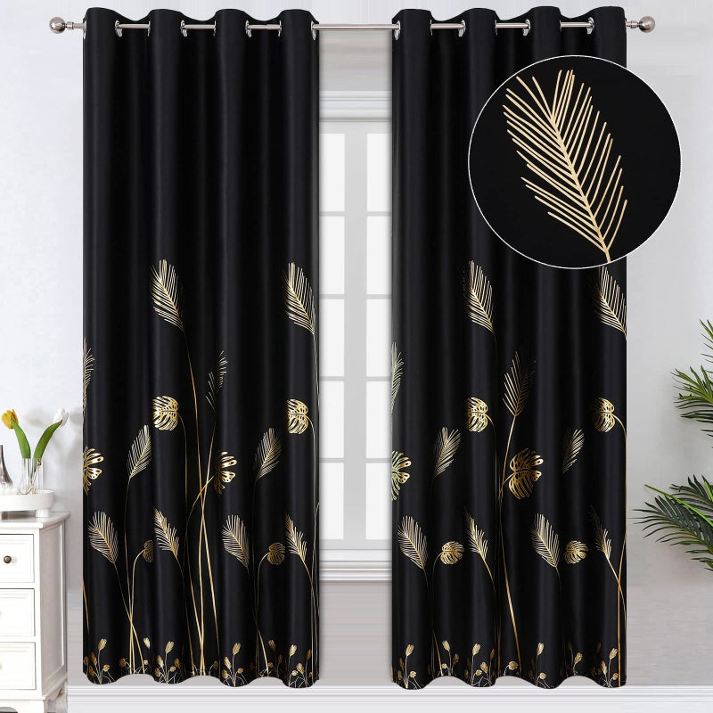 Estelar Textiler Blackout Curtains 2 Panels Set with Unique Gold Wheat and Leaf Designed Thermal Insulated Sunlight Block Out Curtain Panels for Kitchen 52Wx72L Black