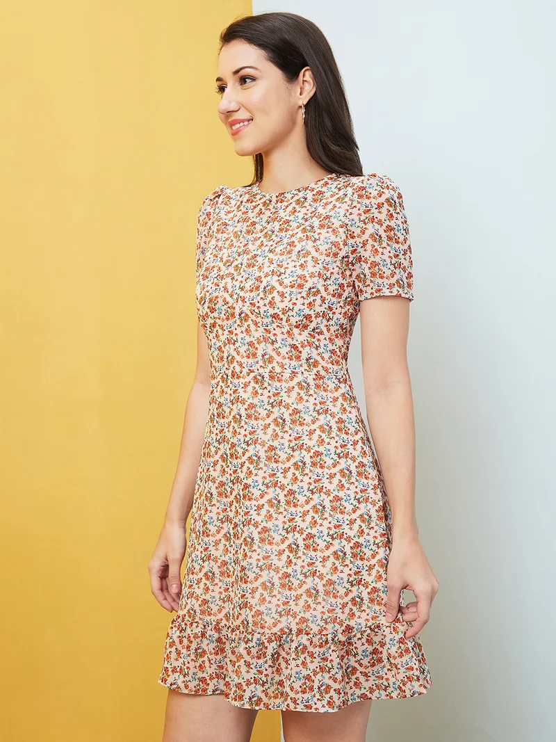 جلو باص فستان جلوبس نسائي قصير مطبوع بالزهور بقصة واسعة