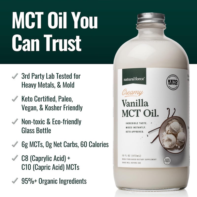 Natural Force Creamy Vanilla MCT Oil – Non Dairy, Keto Certified, Emulsified MCTs for Low-Carb, Ketogenic Coffee, Smoothies, & Shakes - Mixes Instantly + No Blending Required – 16 Oz Glass Bottle - Image 3