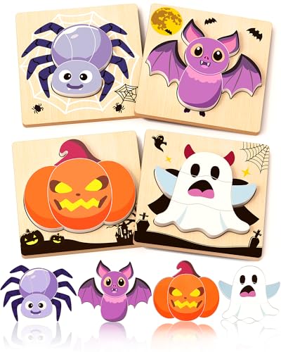 Oomloid Halloween Wooden Puzzles for Toddlers 4 Pack Halloween Toys Party Favors Boo Basket Stuffers Treats Montessori Toys Birthday Gifts for Kids Boys Girls - Image 1
