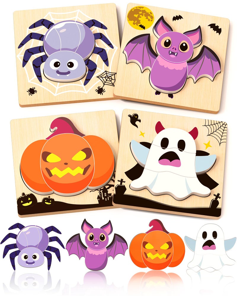 Oomloid Halloween Wooden Puzzles for Toddlers 4 Pack Halloween Toys Party Favors Boo Basket Stuffers Treats Montessori Toys Birthday Gifts for Kids Boys Girls - Image 2
