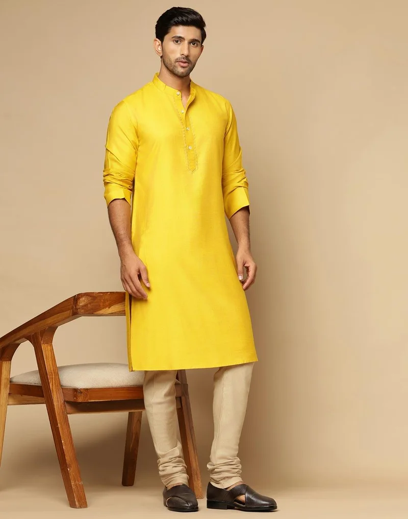 فاب انديا Yellow Viscose Silk Embroidered Slim Fit Long Kurta