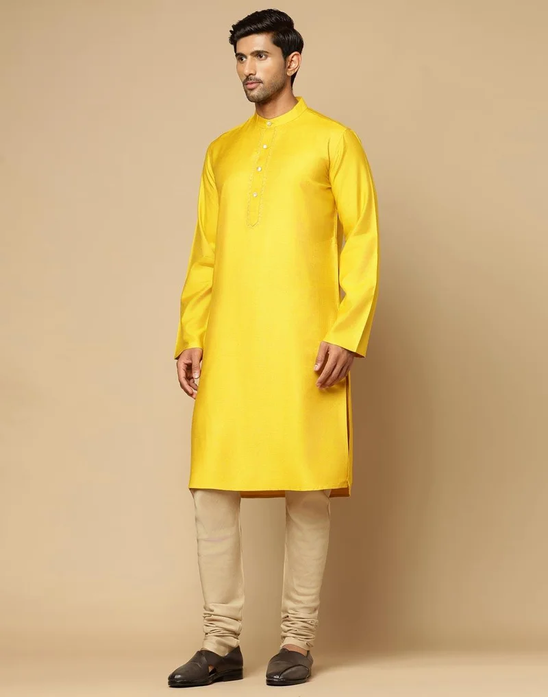Fabindia Yellow Viscose Silk Embroidered Slim Fit Long Kurta