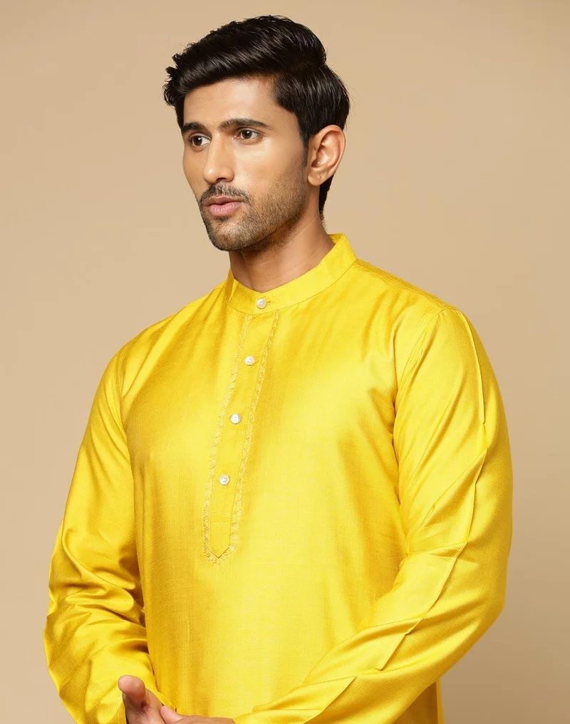 Fabindia Yellow Viscose Silk Embroidered Slim Fit Long Kurta