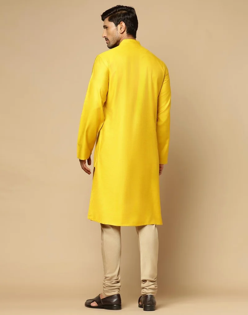 Fabindia Yellow Viscose Silk Embroidered Slim Fit Long Kurta