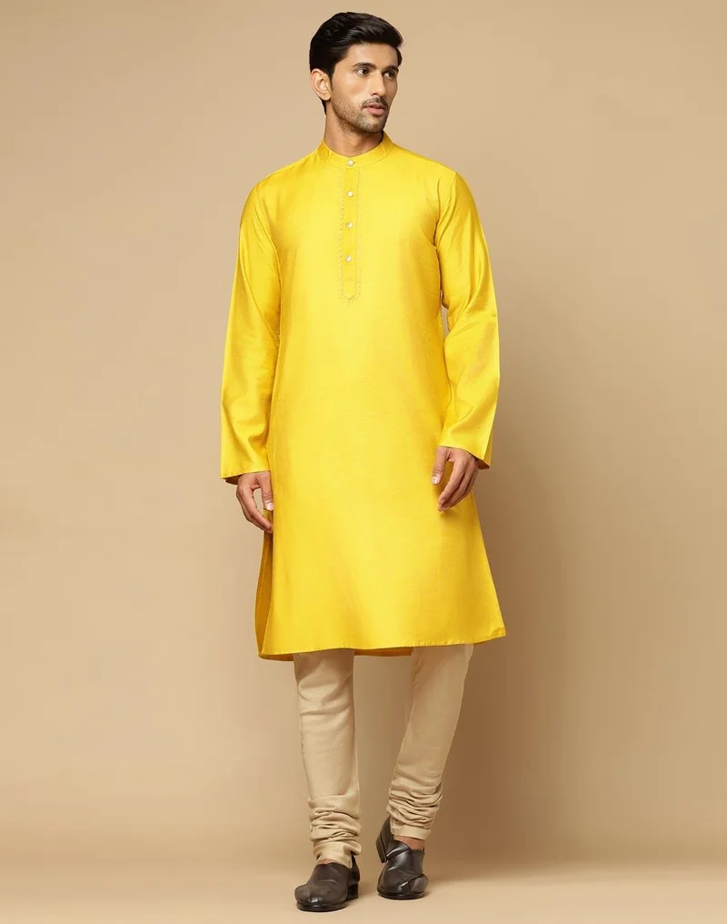 فاب انديا Yellow Viscose Silk Embroidered Slim Fit Long Kurta