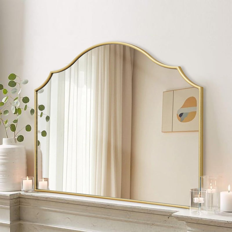 Besdomus Gold Scalloped Mirror for Dresser: 35"x26" Modern Wooden Mantel Mirror - Minimalist Decorative Wall Mirrors for Vanity/Bedroom/Fireplace/Entryway - Ideal for 20-44 Age Fashion Women - Image 1