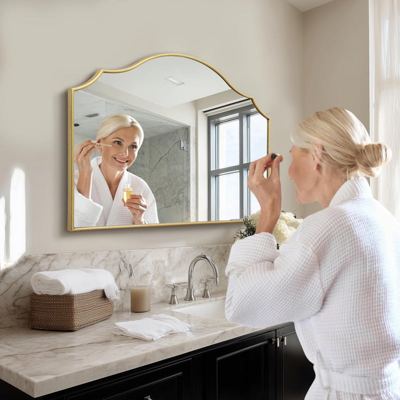 Besdomus Gold Scalloped Mirror for Dresser: 35"x26" Modern Wooden Mantel Mirror - Minimalist Decorative Wall Mirrors for Vanity/Bedroom/Fireplace/Entryway - Ideal for 20-44 Age Fashion Women - Image 4