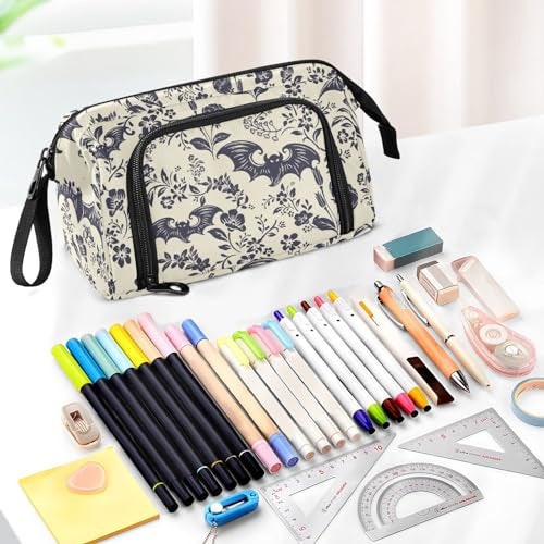 PJGINUIUA Big Capacity Pencil Pen Case for Adults Goth Bats Pencil Bags Portable Makeup Bag Stationery Storage for Men Women College Office - Image 3
