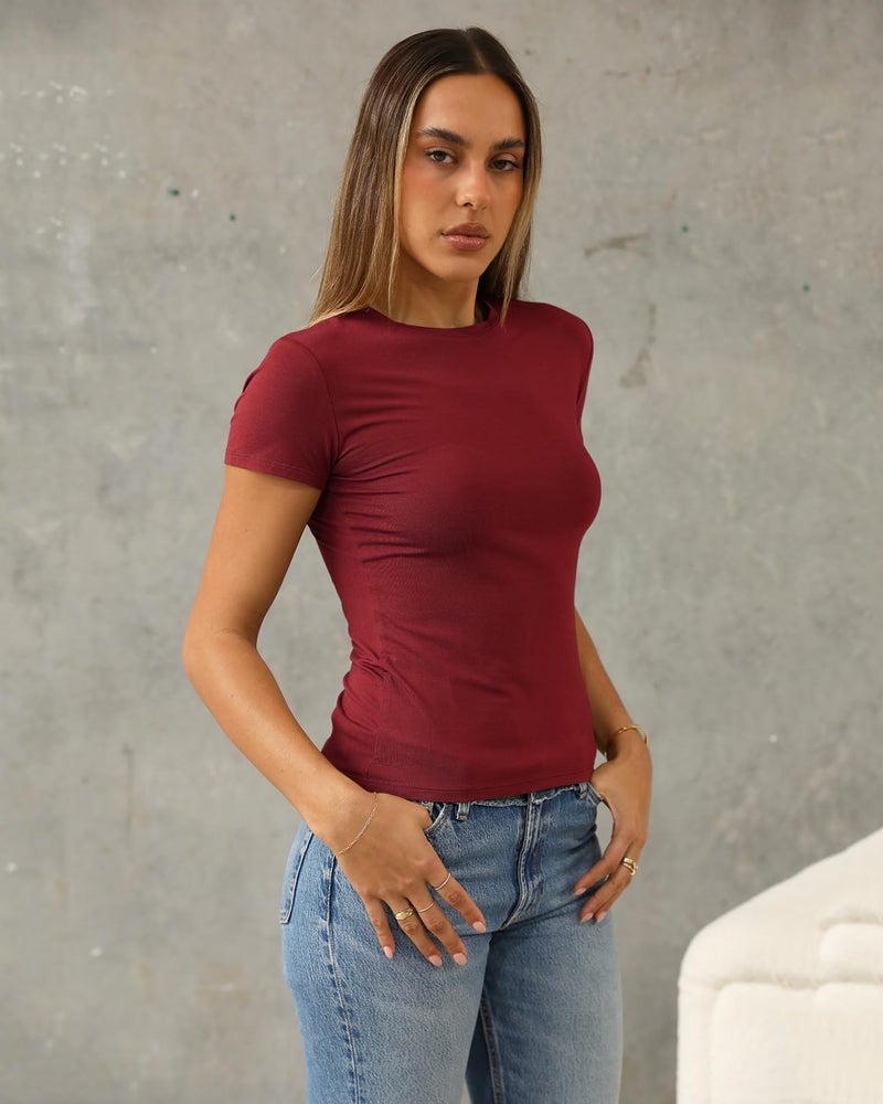 Abardsion Women's Casual Basic Going Out Crop Tops Slim Fit Short Sleeve Crew Neck Tight T Shirts 2026 (Red, S) - Image 3