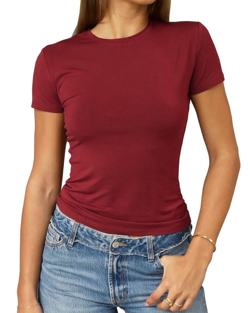 Abardsion Women's Casual Basic Going Out Crop Tops Slim Fit Short Sleeve Crew Neck Tight T Shirts 2026 (Red, S) - Image 1