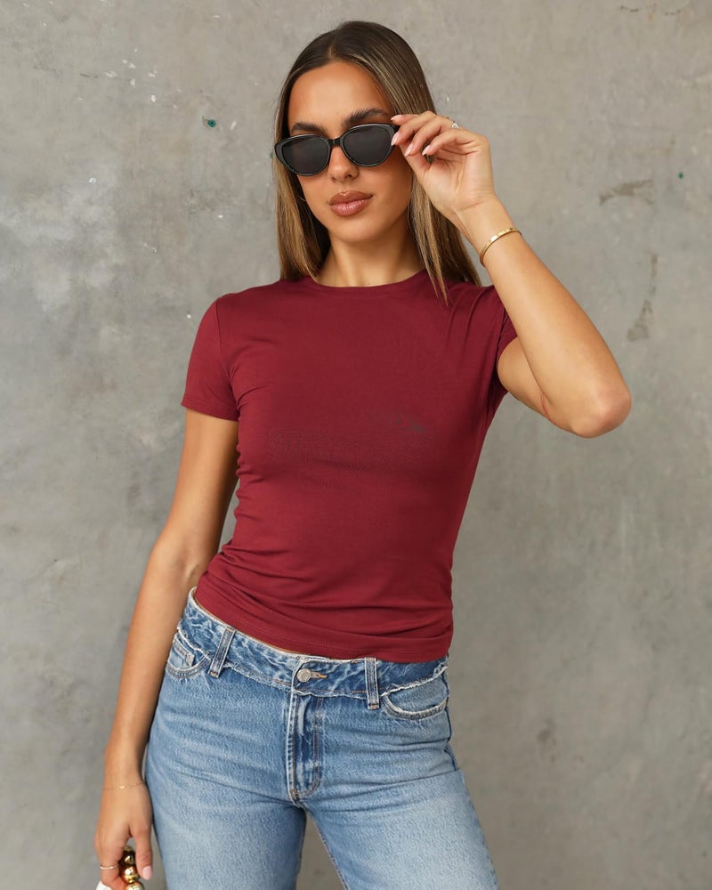 Abardsion Women's Casual Basic Going Out Crop Tops Slim Fit Short Sleeve Crew Neck Tight T Shirts 2026 (Red, S) - Image 2