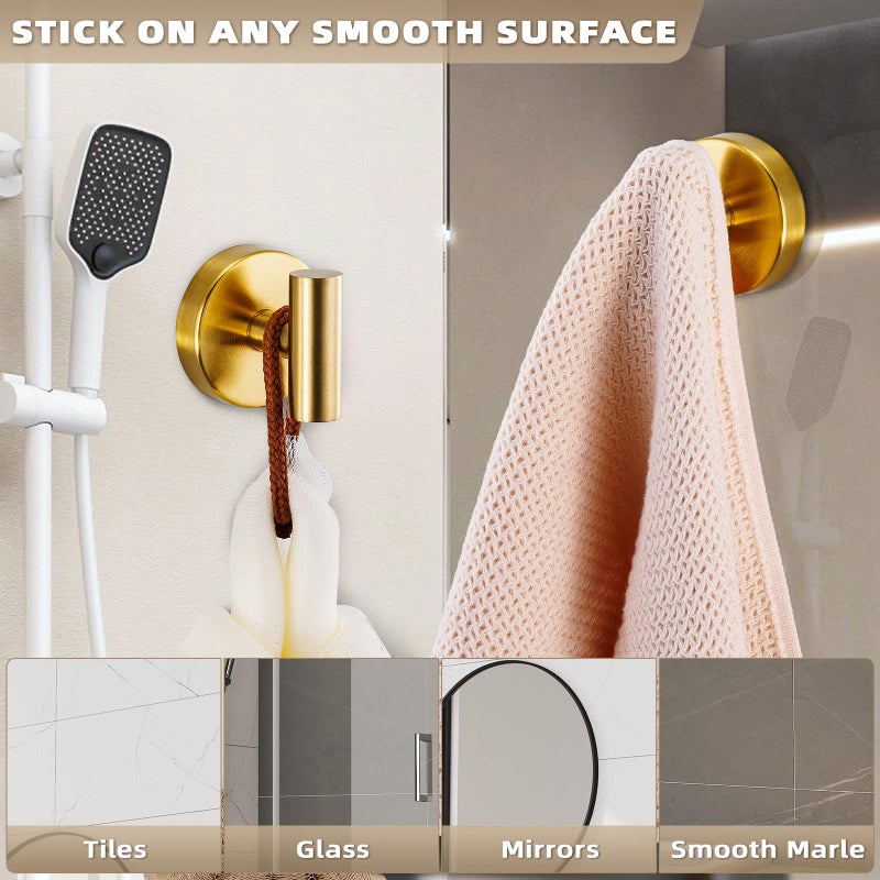 Fenas Suction Cup Hooks for Shower - Bathroom Reusable Hooks for Towels, Robes & Loofah - No-Drill Mounting on Kitchen,Walls,Metal,Glass,Mirrors,Tile & Smooth Non-Porous Surfaces (2, Brushed Gold) - Image 3