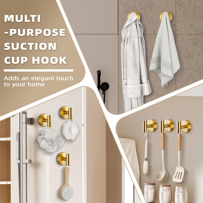 Fenas Suction Cup Hooks for Shower - Bathroom Reusable Hooks for Towels, Robes & Loofah - No-Drill Mounting on Kitchen,Walls,Metal,Glass,Mirrors,Tile & Smooth Non-Porous Surfaces (2, Brushed Gold) - Image 4