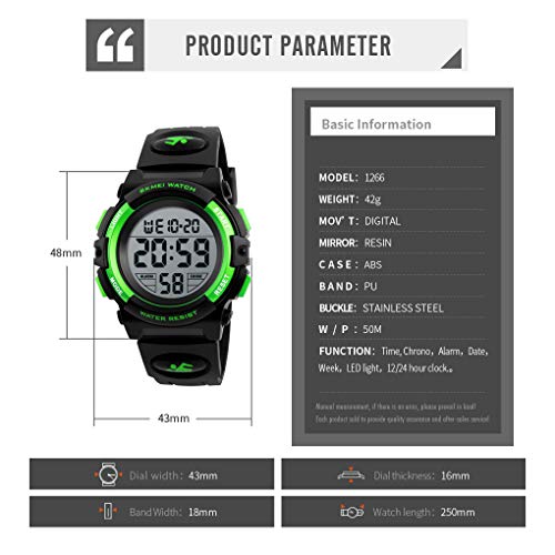 FIZILI Boys Watch Digital Sports Waterproof Outdoor Kids Watches Alarm Clock 12/24 H Stopwatch Calendar 3-15 Year Old Boys Girls Wristwatch - Black Green - Image 3