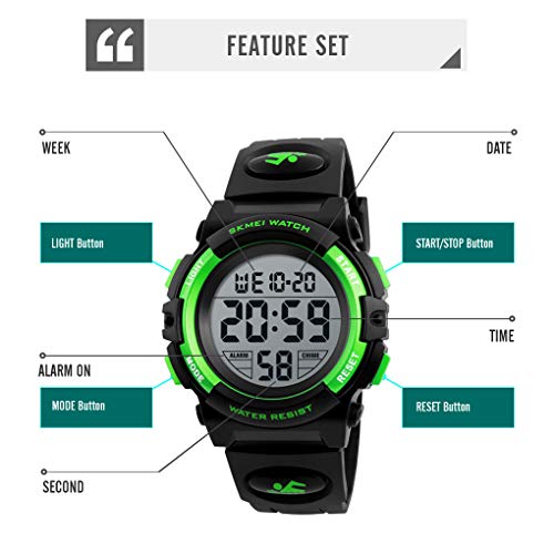 FIZILI Boys Watch Digital Sports Waterproof Outdoor Kids Watches Alarm Clock 12/24 H Stopwatch Calendar 3-15 Year Old Boys Girls Wristwatch - Black Green - Image 2