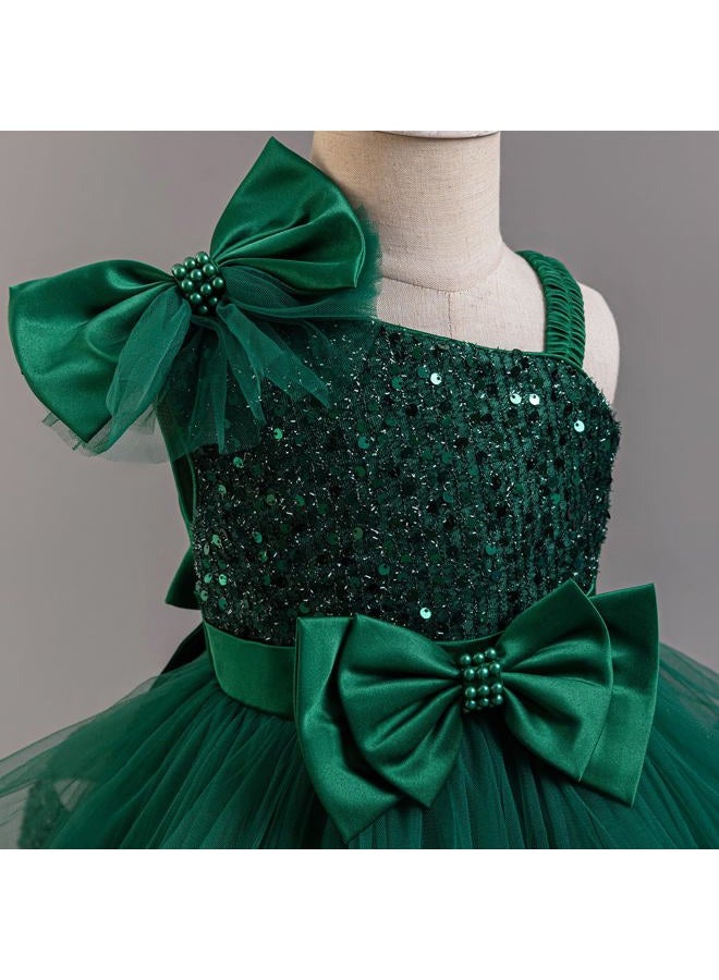 IMEKIS Toddler Baby Girls Pageant Dress Shiny Bow Asymmetric Shoulder Formal Birthday Party Tiered Tulle Gowns 1-8T, Dark Green, 1-2 Years - Image 3