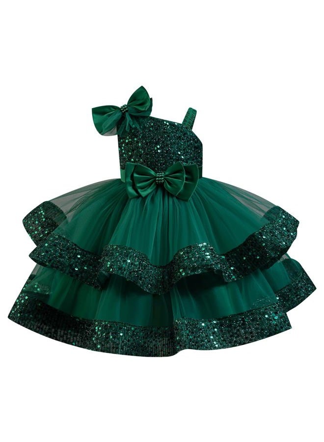 IMEKIS Toddler Baby Girls Pageant Dress Shiny Bow Asymmetric Shoulder Formal Birthday Party Tiered Tulle Gowns 1-8T, Dark Green, 1-2 Years - Image 1