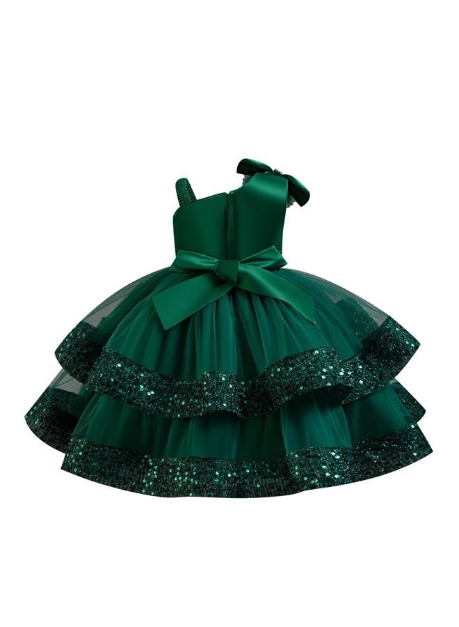 IMEKIS Toddler Baby Girls Pageant Dress Shiny Bow Asymmetric Shoulder Formal Birthday Party Tiered Tulle Gowns 1-8T, Dark Green, 1-2 Years - Image 4