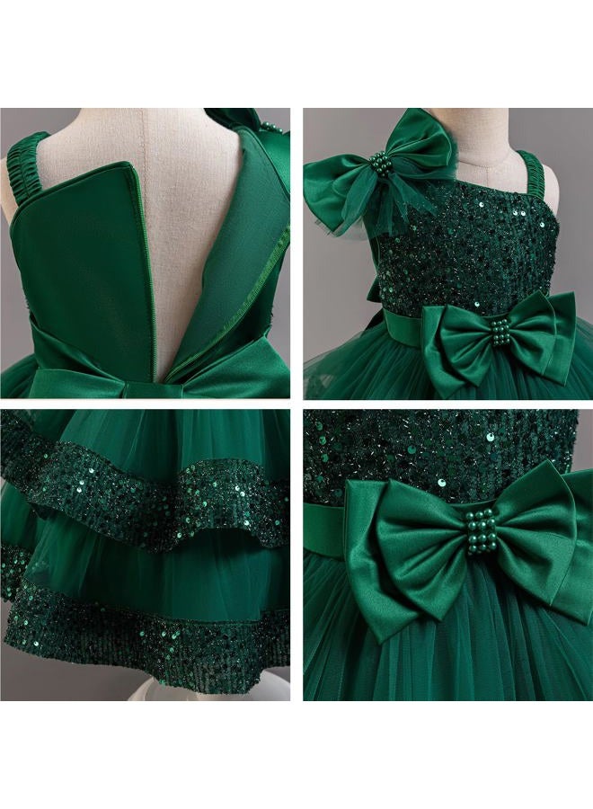 IMEKIS Toddler Baby Girls Pageant Dress Shiny Bow Asymmetric Shoulder Formal Birthday Party Tiered Tulle Gowns 1-8T, Dark Green, 1-2 Years - Image 2