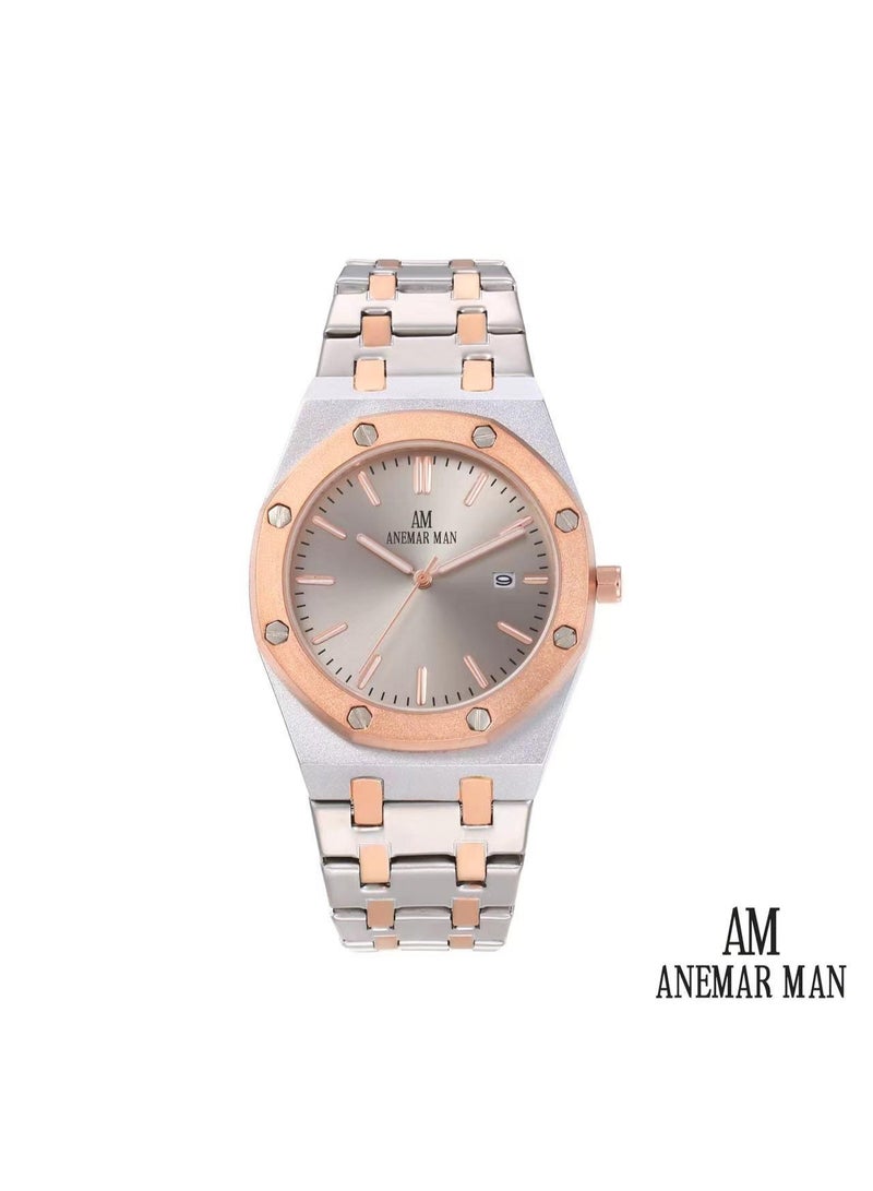 ANEMAR MAN High-quality, water-resistant men's stainless steel wristwatch with a silver and bronze strap and a gray dial.