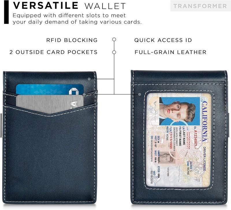 Contacts Genuine Leather Money Clip Wallet Slim Front Pocket RFID Blocking Card Holder Minimalist Mini Bifold for Men's | Up to 11 Card Slots Including 1 ID Window & 1 Bill Compartment (Blue) - Image 4
