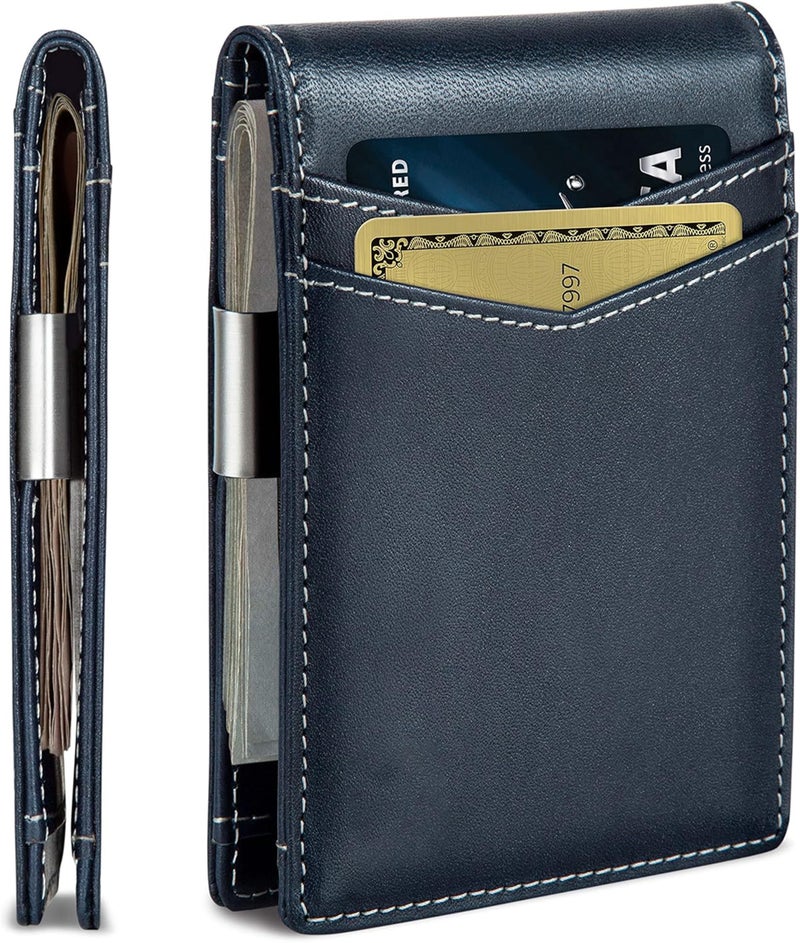 Contacts Genuine Leather Money Clip Wallet Slim Front Pocket RFID Blocking Card Holder Minimalist Mini Bifold for Men's | Up to 11 Card Slots Including 1 ID Window & 1 Bill Compartment (Blue) - Image 1