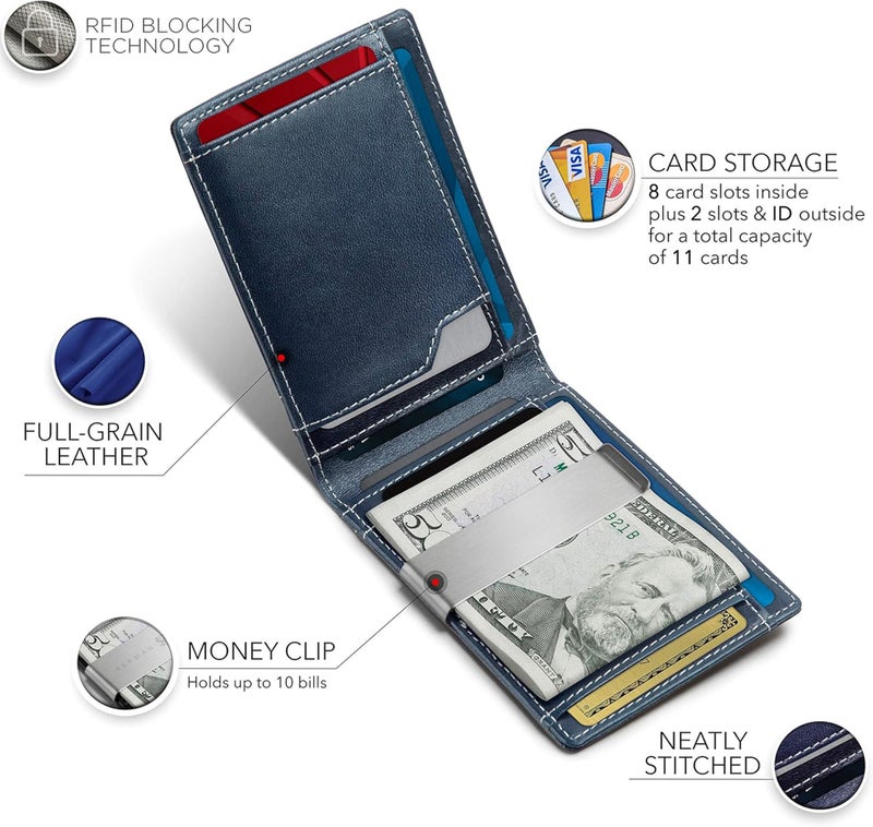 Contacts Genuine Leather Money Clip Wallet Slim Front Pocket RFID Blocking Card Holder Minimalist Mini Bifold for Men's | Up to 11 Card Slots Including 1 ID Window & 1 Bill Compartment (Blue) - Image 5