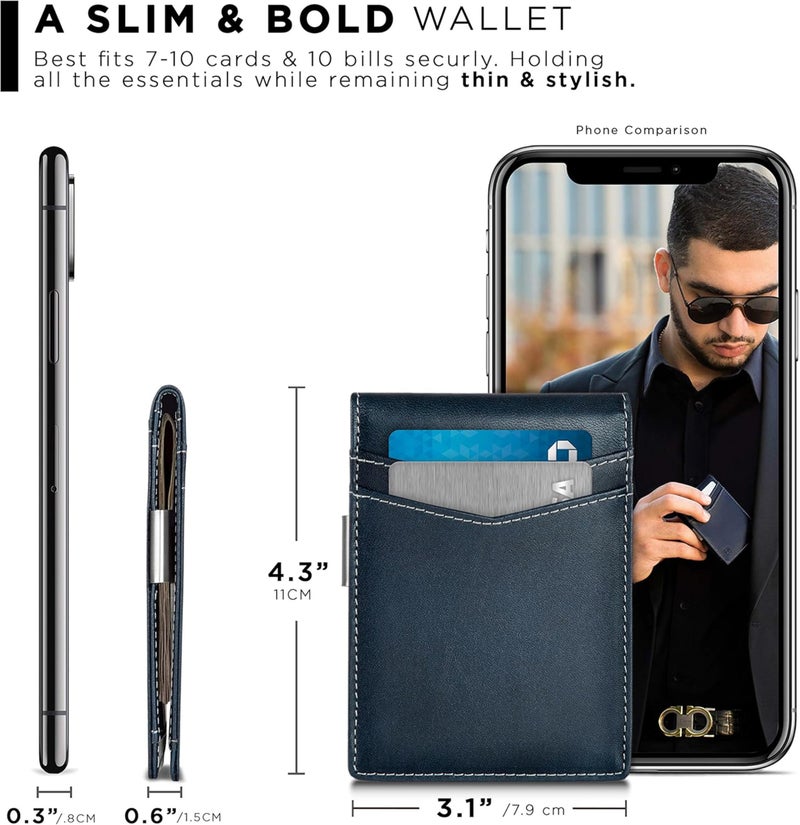Contacts Genuine Leather Money Clip Wallet Slim Front Pocket RFID Blocking Card Holder Minimalist Mini Bifold for Men's | Up to 11 Card Slots Including 1 ID Window & 1 Bill Compartment (Blue) - Image 2