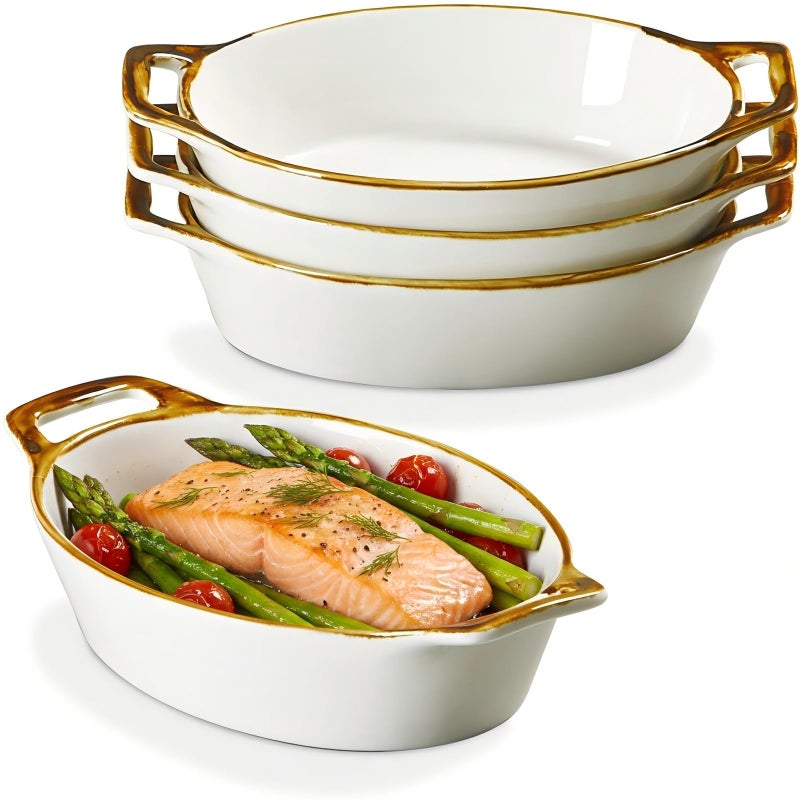 ONEMORE Au Gratin Baking Dish Oval Ceramic White Small Casserole Dish Oven Safe Baking Dishes for Oven Individual Serving Dishes Mini Casserole Dish Set of 4 for Lasagna Quiche, 6x8, 20 oz, Brown Rim - Image 1