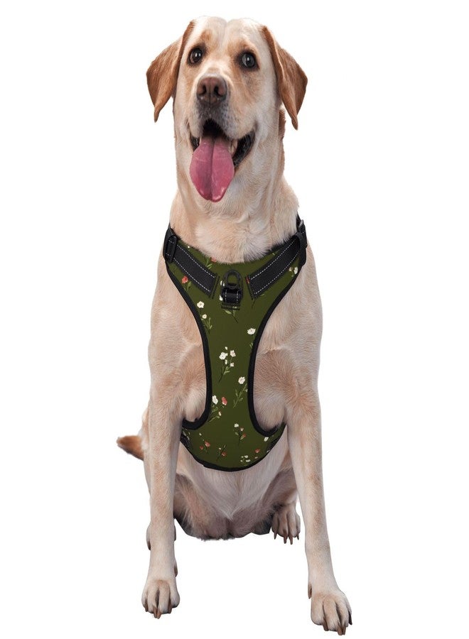 FireDeer Wildflower Motif Florals On Olive Green No Pull Dog Harness Adjustable Reflective Oxford Easy Control Medium Large Dog Harness - Image 1