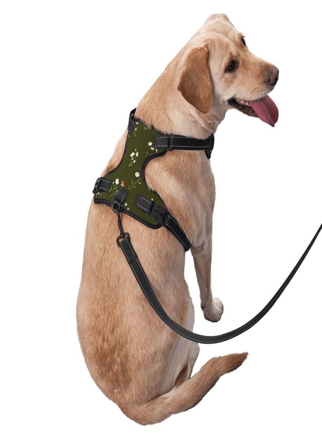 FireDeer Wildflower Motif Florals On Olive Green No Pull Dog Harness Adjustable Reflective Oxford Easy Control Medium Large Dog Harness - Image 2