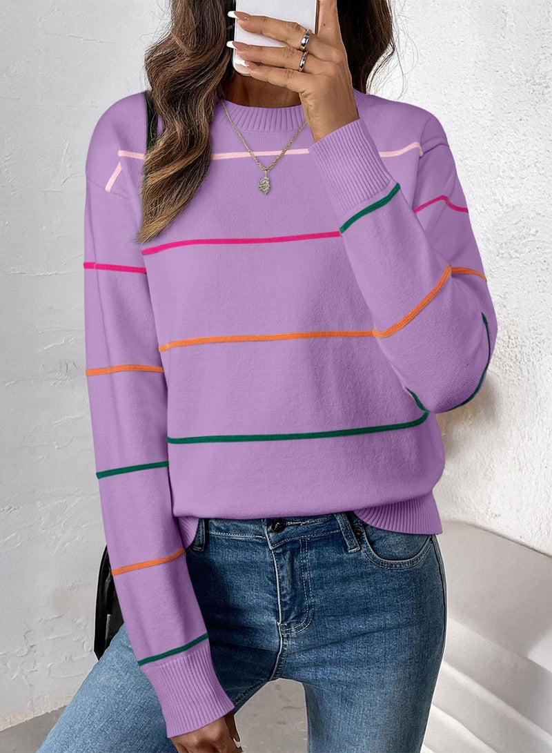 Shein SHEWIN Fall Tops for Women 2025 Casual Crewneck Sweaters for Women Lightweight Womens Tops Long Sleeve Striped Sweater Womens Fall Fashion 2025 Wisteria X-Large - Image 2