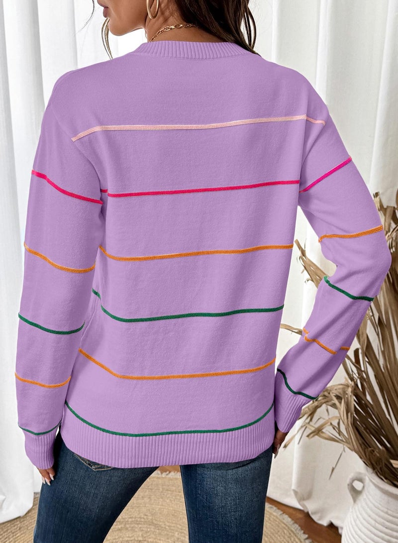 Shein SHEWIN Fall Tops for Women 2025 Casual Crewneck Sweaters for Women Lightweight Womens Tops Long Sleeve Striped Sweater Womens Fall Fashion 2025 Wisteria X-Large - Image 4